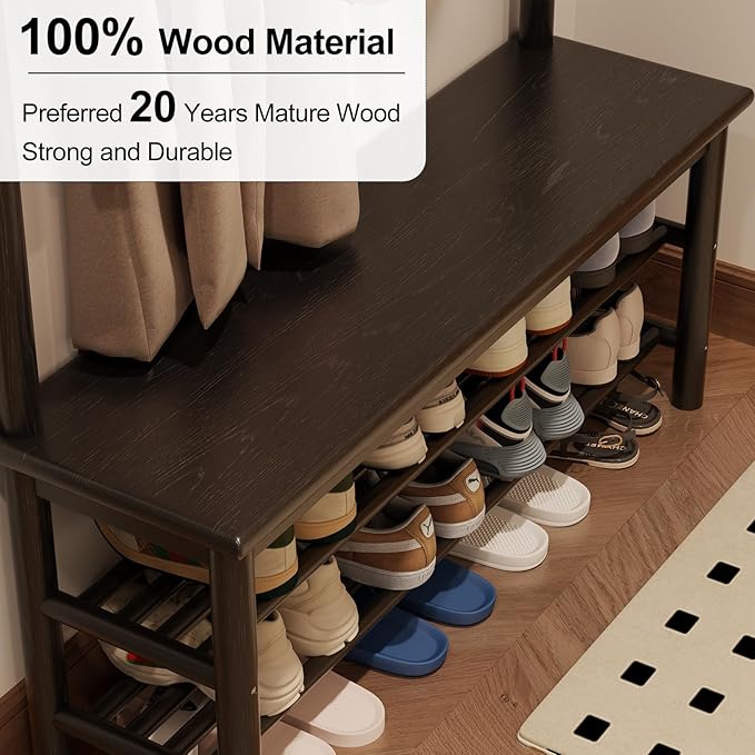 Coat Rack with Shoe Storage, Wooden Hall Tree with Bench, 11 Hooks and 2-Tier Storage Shelves, 3-in-1, Entryway Bench with Coat Rack (39.3"-Black)-Ruum Studio Home