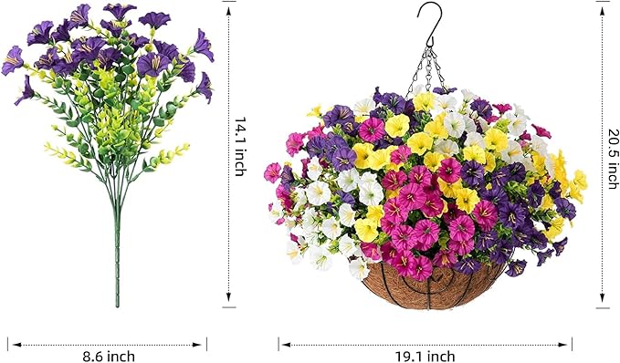 Artificial Faux Hanging Plants Flowers Basket for Spring Summer Outdoors Decoration, Fake Silk Colorful Morning Glory with Eucalyptus Look Real UV Resistant for Outside Porch Patio Balcony Garden Home-Ruum Studio Home