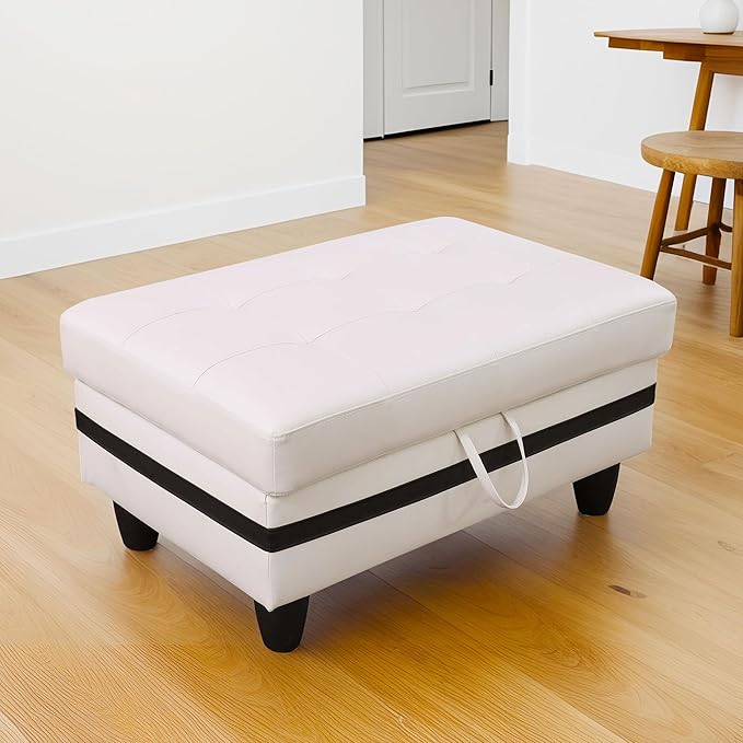 Ottoman Rectangular Storage Ottoman Bench, Faux Leather Footrest, Coffee Table, Stool Footstool with Hinged Lid for Living Room, Bedroom, Entryway, White&Black, 34"x22.8"x17.5"-Ruum Studio Home