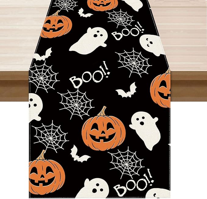 XCHI Boo Spooky Ghost Pumpkin Halloween Table Runner Burlap Table Decoration for Home Kitchen Dining Dinner Indoor Holiday Farmhouse Decor 13x120 Inch-Ruum Studio Home