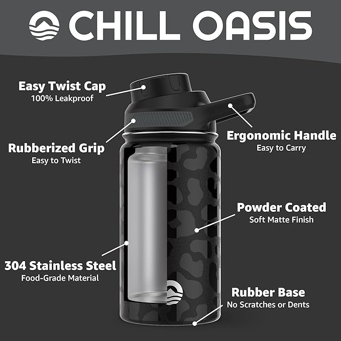 Chill Oasis Water Bottle | Compatible With Popular Flavor Cartridges | BPA Free, Leak Proof, Double-Walled Vacuum Insulated Stainless Steel, and Dishwasher Safe | Cold for 24 Hours (Leopard, 12oz)-Ruum Studio Home