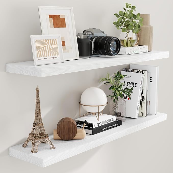 Fun Memories Floating Shelves 48 Inch Set of 2, White 48 x 9 Wall Shelves for Home Decor Storage, Rustic Wood Floating Shelf for Wall, 9 Inch Deep Shelving for Bathroom, Living Room, Kitchen-Ruum Studio Home