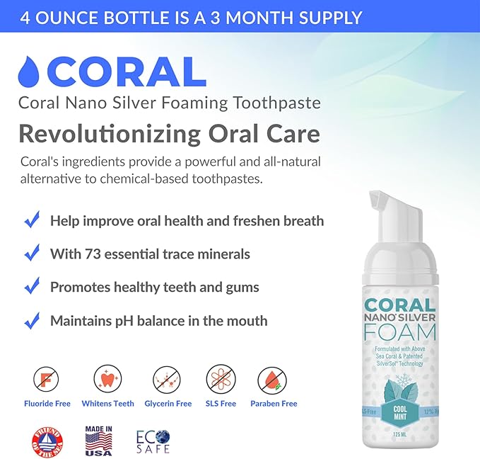 Coral Nano Silver Foaming Toothpaste, Natural Fluoride Free Toothpaste, SLS and Glycerin Free, Cool Mint, 4 Ounce-Ruum Studio Home