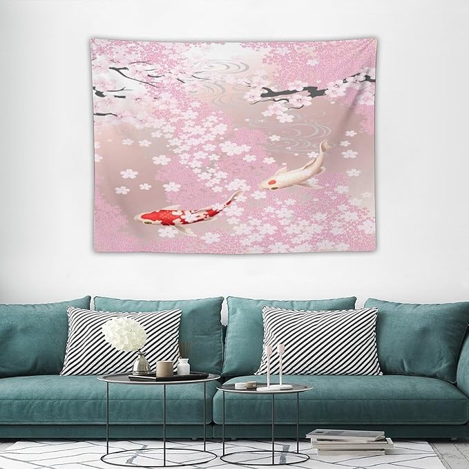 Houselerax Japanese Koi Fish Tapestry, Cherry Blossoms Asian Oriental Pink Flower Branch Koi Fish Carp Tapestries Wall Hanging for Bedroom Living Room Office Decor 40"x30"-Ruum Studio Home