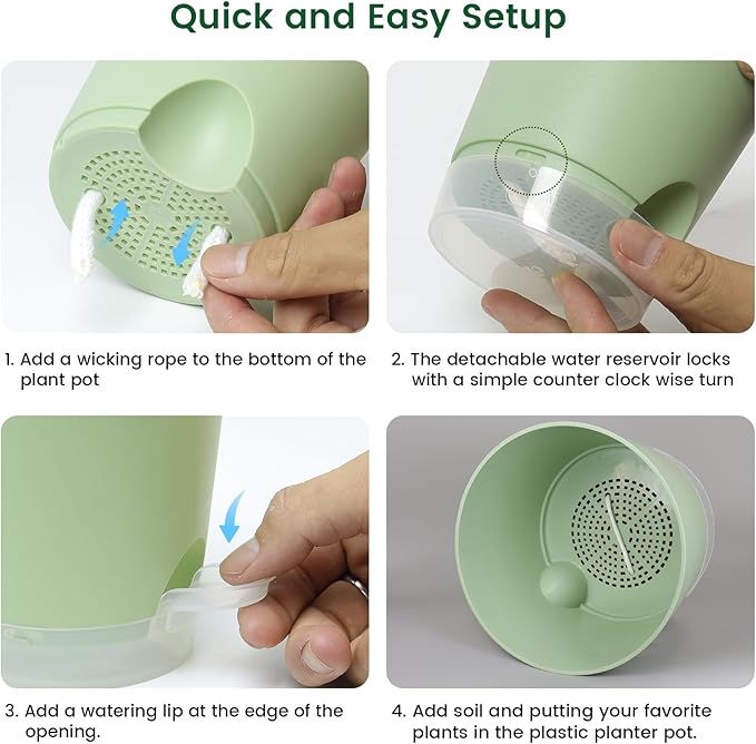 4 inch Self Watering Pots for Indoor Plants, 5 Pack Small Flower Plant Pots with Drainage Holes and Clear Reservoirs, Visible Water Level, Plastic Planters with Wicking Rope, Green-Ruum Studio Home
