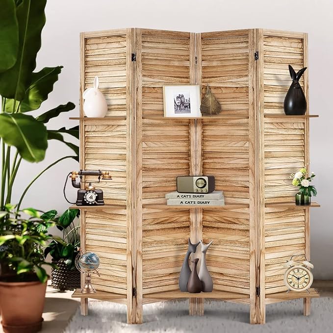 Room Divider with Shelves, Privacy Screen, Room Dividers and Folding Privacy Screens, 4 Panel Wood Temporary Wall Partition Separation Separator, Natural-Ruum Studio Home
