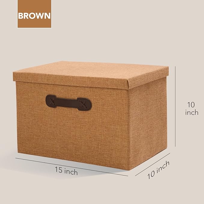 Enzk&Unity Decorative Storage Bins with Lids, Fabric Linen Foldable Storage Box with Handle Home Organizer for Shelf, Closet, Bedroom, Living Room, Office, 3 Packs, Brown-Ruum Studio Home