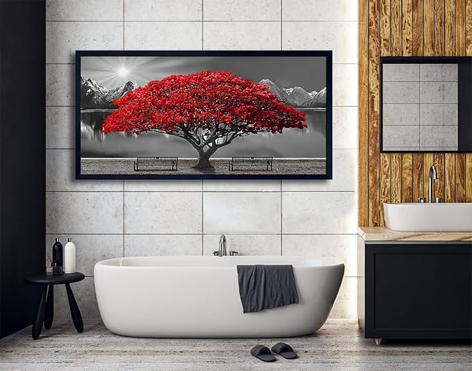 Black and White Red Tree Wall Art Canvas Print Picture Large Red Tree Landscape Modern Artwork for Living Room Bedroom Office Home Wall Decor With Frame 29X58inch Black Framed-Ruum Studio Home