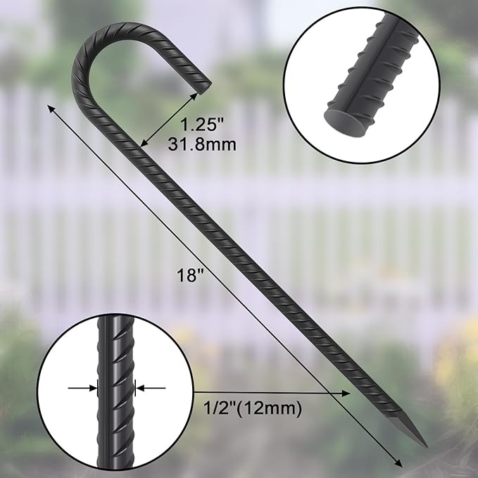 18 Inch Steel J Hook Rebar Ground Stakes 16 Pack 1/2 Inch Diameter Fence Stakes for Wire Fencing with Chisel Point End Metal Tent Stakes Heavy Duty for Outdoor Camping, Black-Ruum Studio Home