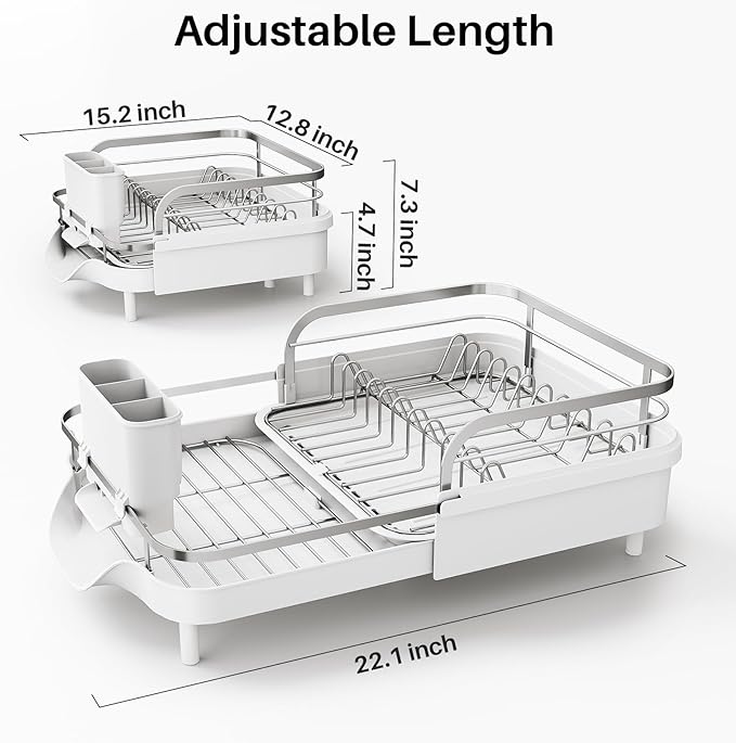 Dish Drying Rack, Expandable Dish Rack for Kitchen Counter, Stainless Steel Dish Drainer with Drainboard Set and Utensil Holder (White)-Ruum Studio Home
