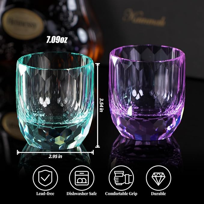 KAMMAK Crystal Whiskey Glasses Set of 2, 7oz Old Fashioned Glasses Stemless, Hand Blown Colored Cocktail Glasses, Engagement Gifts for Couples, Women, Men-Ruum Studio Home