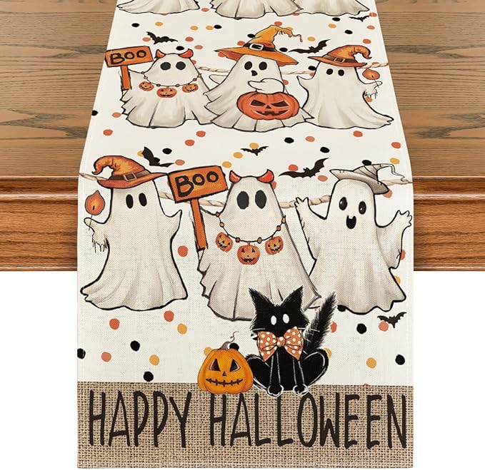Artoid Mode Beige Ghost Jack-O'-Lantern Black Cat Halloween Table Runner,Holiday Kitchen Dining Table Decoration for Home Party Decor 13 x 120 Inch-Ruum Studio Home