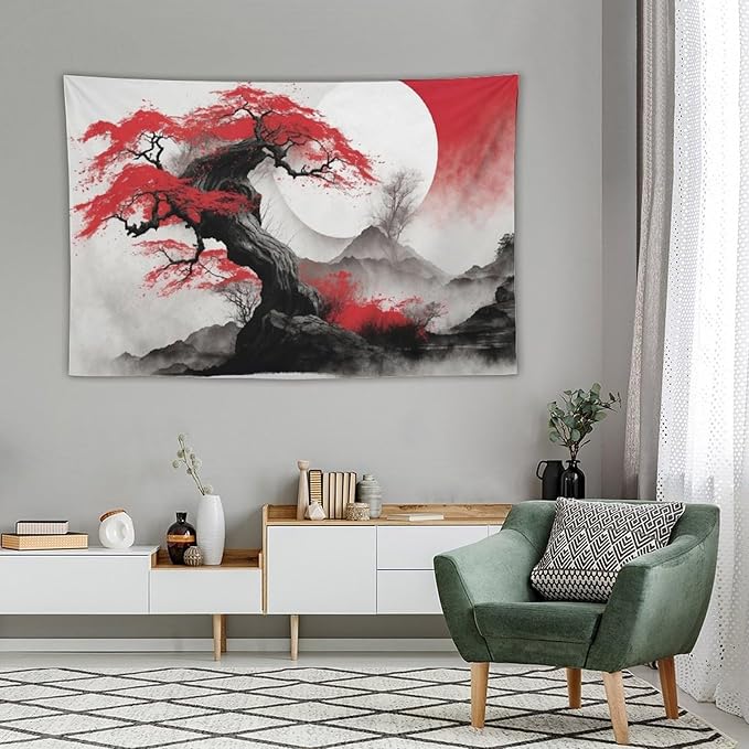 Cherry Blossoms Tapestry, Japanese Red Landscape Asian Watercolor Abstract Art, Bedroom Living Room Decor 90"x60"-Ruum Studio Home