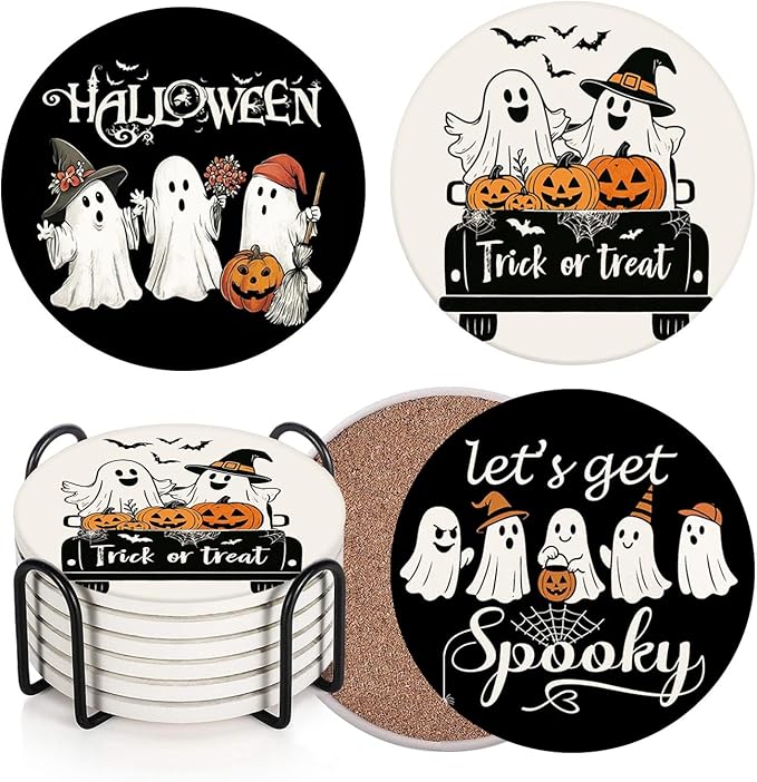 Coaster for Drinks Set of 6, Halloween Black and White Ghost Pumpkins Absorbent Round Ceramic Stone Mat, with Cork Base and Metal Holder, Gift for Housewarming Room Bar Decor-Ruum Studio Home