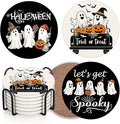 Coaster for Drinks Set of 6, Halloween Black and White Ghost Pumpkins Absorbent Round Ceramic Stone Mat, with Cork Base and Metal Holder, Gift for Housewarming Room Bar Decor-Ruum Studio Home
