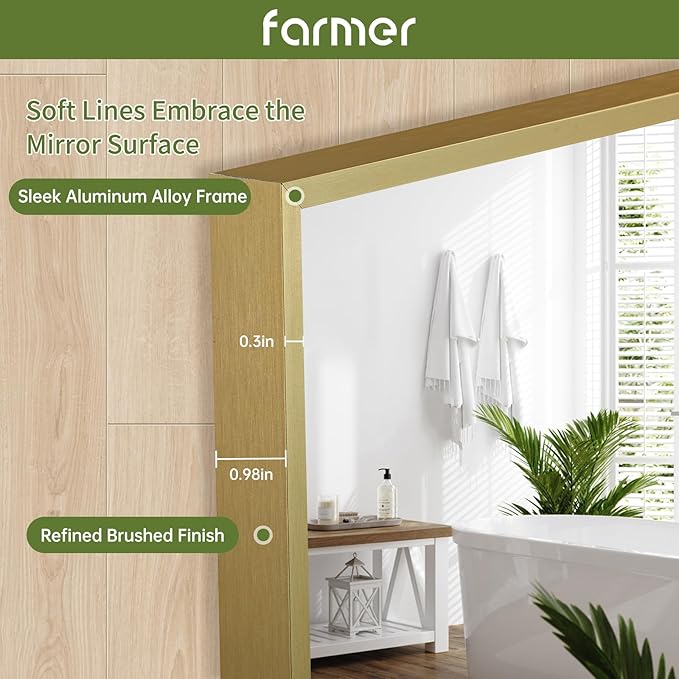 FARMER 22x30 Inch Gold Bathroom Mirror, Rectangle Wall Mounted Mirror, Vanity Mirror, Brushed Square Mirror, Framed Bathroom Mirror for Bedrooms, Entryways, Living Rooms, Horizontal/Vertical-Ruum Studio Home