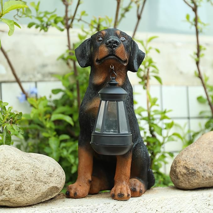 Garden Dog Statues Outdoor Decor, 13" Solar Powered LED Lights Outdoor Statue Garden Decorations Rottweiler Figurine for Patio, Lawn, Yard Art Decoration, Housewarming Garden Gift-Ruum Studio Home