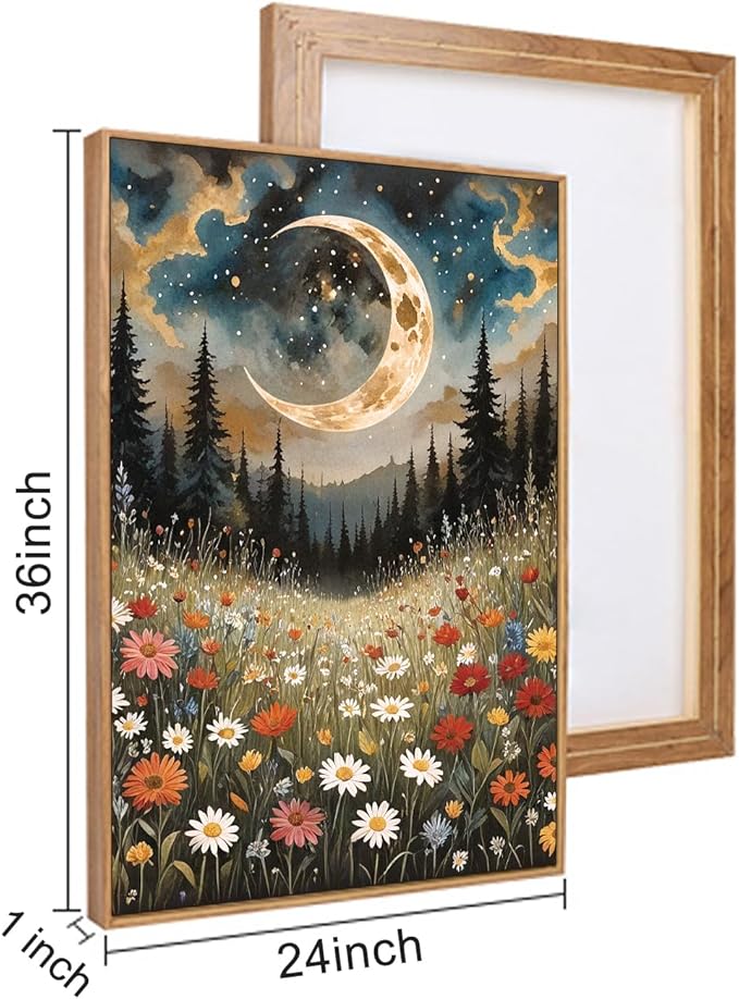 HPINUB Wildflower Moon Pine Tree Framed Canvas Wall Art Set,Nature Forest Wall Decor,Mystical Starry Night Artwork Rustic Mountain Landscape Art Print for Living Room,Bedroom,Office-24 x36 x3-Ruum Studio Home