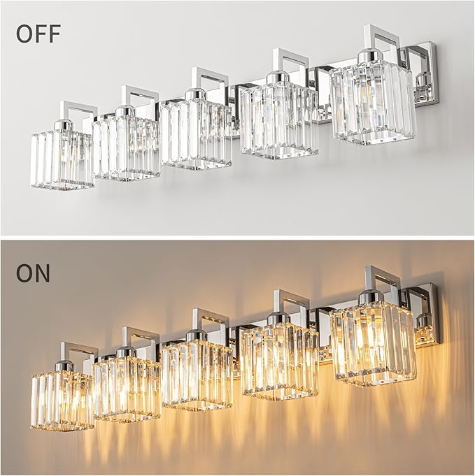 Modern Bathroom Vanity Light 5-Lights Chrome Crystal Wall Lamp Bathroom Modern Crystal Vanity Lighting-Ruum Studio Home