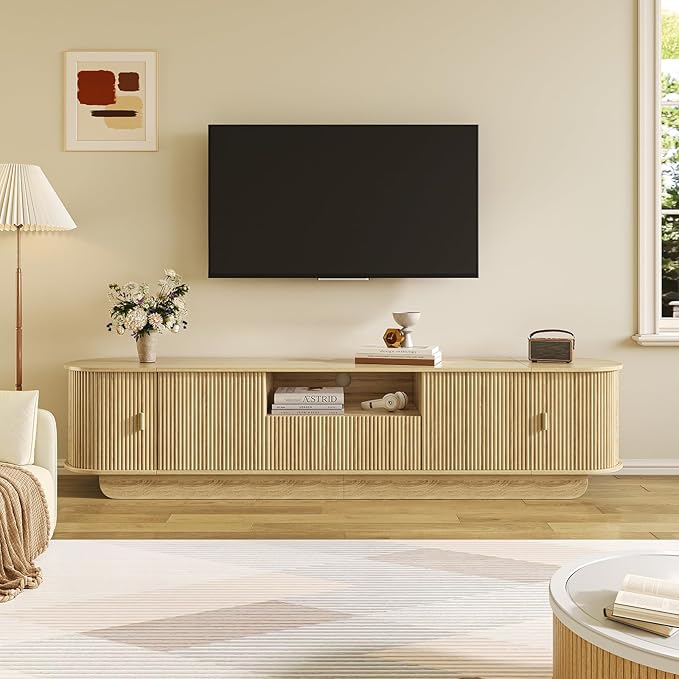 Fluted TV Stand and Coffee Table Set of 2,86.61'' TV Console for 55-85 Inch,Modern Entertainment Center with Large Storage Cabinet,Lift Top Coffee Table for Living Room, Bedroom, Natural-Ruum Studio Home