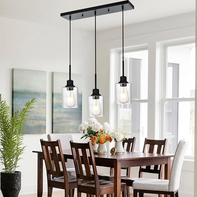 Modern 3-Light Pendant Island Light Fixture Black Ceiling Hanging Lights with Clear Seeded Glass and Adjustable Cord,Industrial Pendant Lighting for Kitchen Living Room Dining Room Foyer-Ruum Studio Home