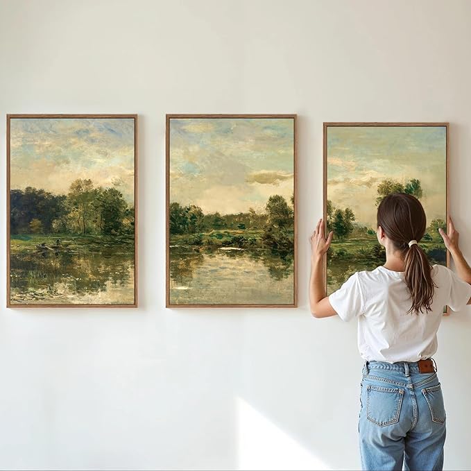 Tinonedraw Vintage Landscape Framed Canvas Wall Art Set of 3, French Country Art Prints, Nature Green Trees and Lake Art Paintings, Rustic Aesthetic Wall Decor for Living Room Bedroom Office 16"x24"x3-Ruum Studio Home