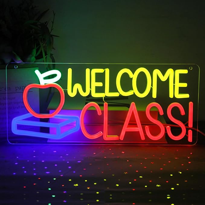 Welcome Class Neon Sign Student Classroom Neon Lights Apple Book LED Signs for Wall Colorful Back to School Wall Art Neon Light Up Signs for Classroom School Opens Party Decorations-Ruum Studio Home