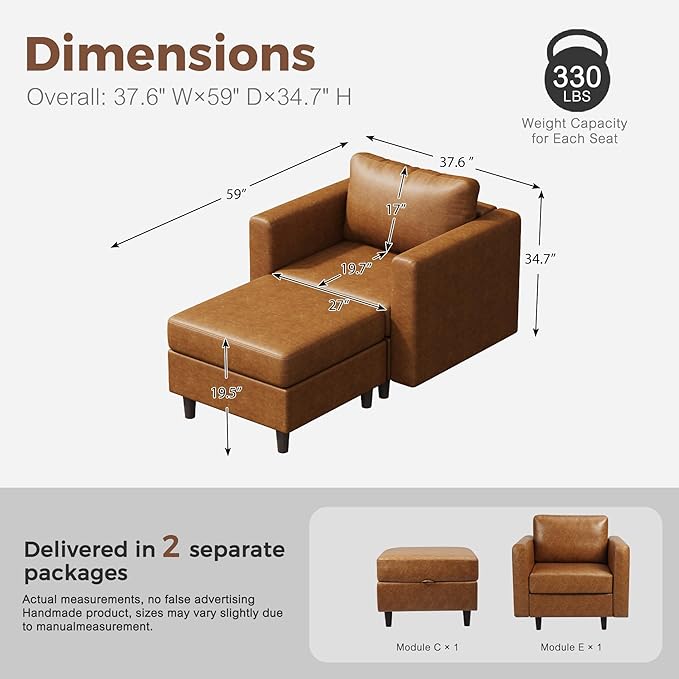 Faux Leather Single Sofa with Storage Ottoman, Modern Accent Chair Deep Seat Large Reading Armchair, Chaise Lounge Chair for Living Room Bedroom Office Brown-Ruum Studio Home
