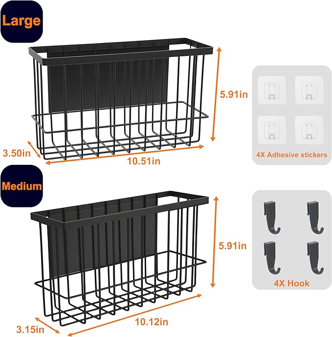 Magnetic Basket for Fridge, Magnetic Basket, Foil and Plastic Wrap Organizer with 4 Caddy Adhesive Stickers, Cabinet Storage Basket for Kitchen Wrap Food Bag Storage, Black, 2 Pack-Ruum Studio Home