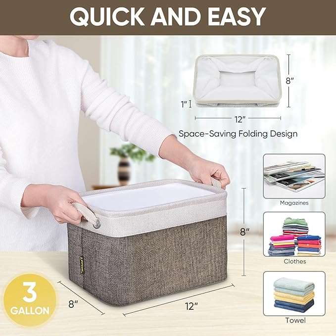 BALEINE 4 Pack Fabric Storage Bins for Shelves, Linen Storage Baskets for Organizing, Decorative Closet Bins for Clothes, Home (Brown, 12"x8"x8")-Ruum Studio Home