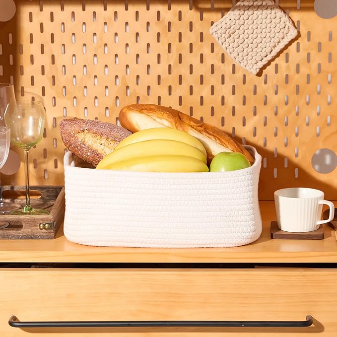 Small Storage Baskets for Organizing | Closet Organizer Bins | Shelf Toy Basket | Woven Rope Baskets | Cube Decorative Box | Shallow Basket | 13x8.5x5.1” | 3 Packs Off White-Ruum Studio Home