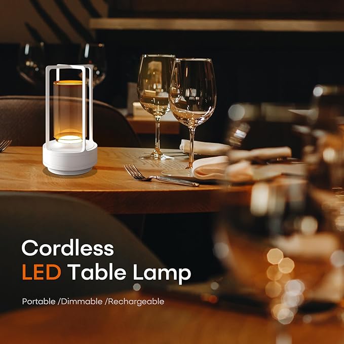 Portable Metal Table Lamp for Indoor/Outdoor ,Rechargeable Cordless LED Lamp, 3-Colour Infinitely Dimming Battery Powered Small Desk Lamp, Restaurant/Bedroom/Bar/Coffee Shop/Camping Light (White)-Ruum Studio Home