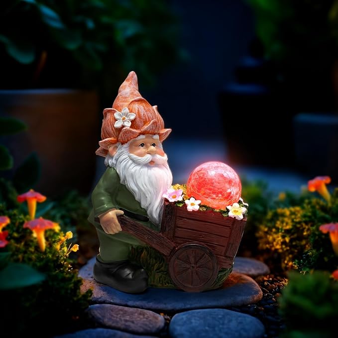 Solar Garden Gnome Statue with Crackle Glass Globe Lights, Waterproof Outdoor Decor for Patio, Lawn, or Yard, Whimsical Housewarming Gift(Green Gnomes)-Ruum Studio Home