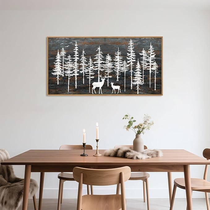 Modern White Forest Framed Canvas Wall Art Set, Minimalist Woodland Art Painting, Retro Tree Landscape Wall Decor, Wildland Deer Artwork for Living Room, Dining Room, Office - 20"x40"-Ruum Studio Home