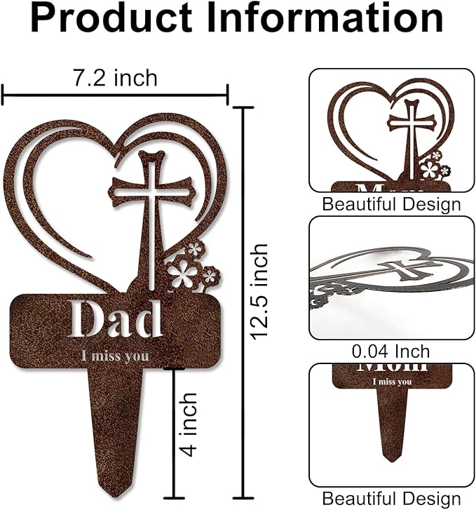 Brother Memorial Grave Stake, Cemetery Decorations for Grave Markers 12.5 x 7.2 inch Heart Metal Sympathy Stakes Graveside Plaque Decor Sign for Brother Graves, Yard, Garden - Rust-Brother-Ruum Studio Home