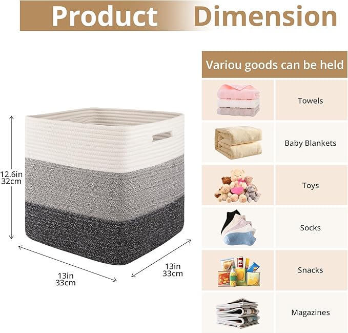 OIAHOMY 13 Kallax Inch Cube Storage Bins, 3-Pack Cotton Rope Woven Baskets for Organizing, Kallax Insert Storage Baskets for Shelves, Baby Nursery, Closet Organizer, 13*13*12.6IN, Gradient Gray-Ruum Studio Home