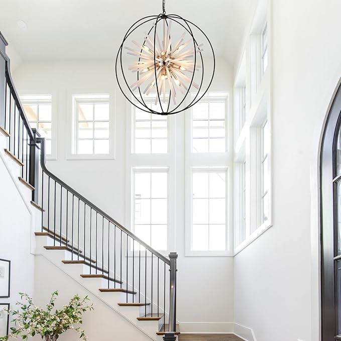 31.5" Black Gold 16-Light Globe Sputnik Chandelier Modern Industrial Adjustable Hanging Ceiling Pendant Light Fixture for Entryway Foyer Stairway Dining Living Room Hallway-Ruum Studio Home