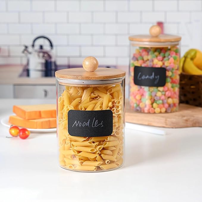 Set of 2 Large Glass Canisters for Kitchen Counter with Airtight Bamboo Lids + Marker & Labels - Cookie Jars with Wooden Lid, Food Storage Containers for Pantry, Flour Pasta Candy Coffee Pods - 68oz.-Ruum Studio Home