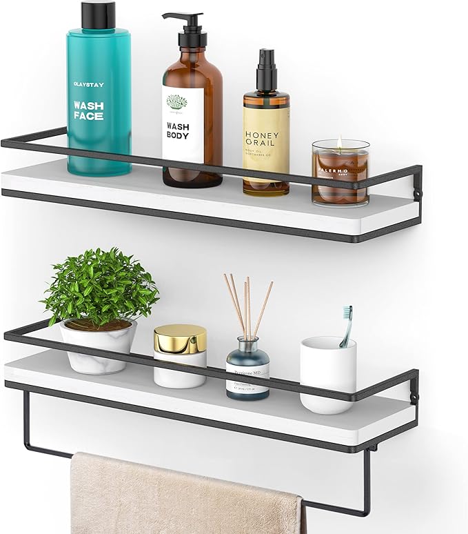 Meangood Floating Shelves Wall Mounted Set of 2, Wall Shelf with Towel Bar Rustic Wood Wall Storage Shelves for Bedroom,Living Room,Bathroom, Kitchen White-Ruum Studio Home