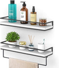 Meangood Floating Shelves Wall Mounted Set of 2, Wall Shelf with Towel Bar Rustic Wood Wall Storage Shelves for Bedroom,Living Room,Bathroom, Kitchen White-Ruum Studio Home