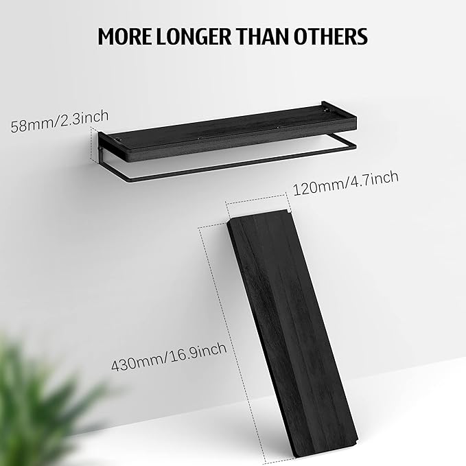 Meangood Floating Shelves Wall Mounted Set of 2, Wall Shelf with Towel Bar Rustic Wood Wall Storage Shelves for Bedroom,Living Room,Bathroom, Kitchen Black-Ruum Studio Home