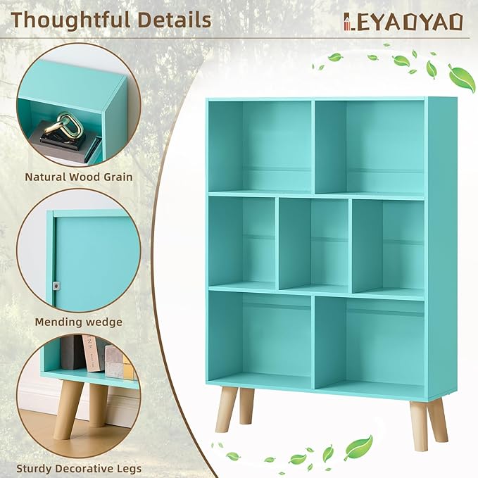 LEYAOYAO 7 Cube Bookshelf 3-Tier Bookcase with Legs, Mint-Green Kids Book Shelf Cute Storage Organizer, Toy Shelves Bookshelves,Wood Display Bookcases-Ruum Studio Home