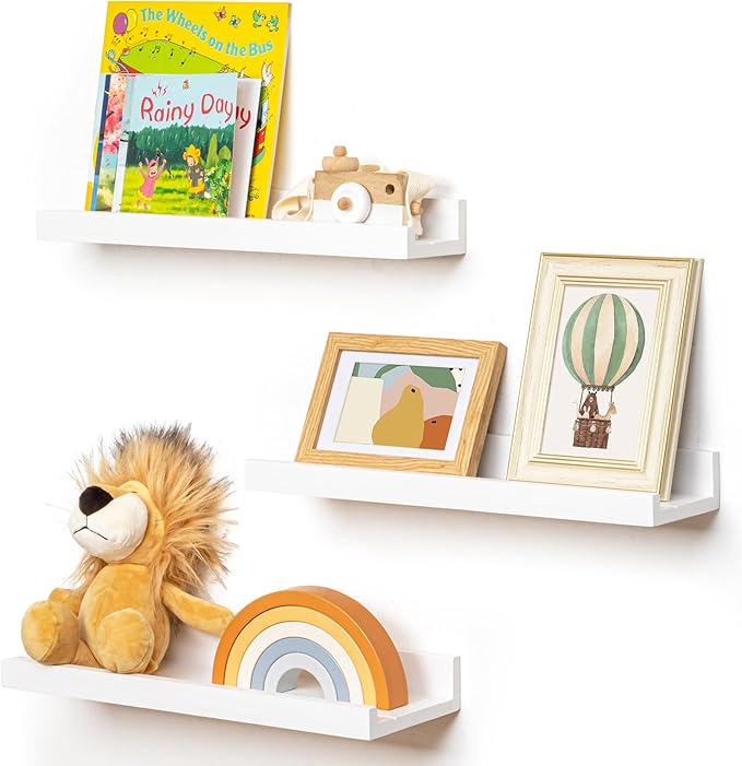 Picture Ledge Shelf for Wall, 16 inches Solid Pine Wood Nursery Book Shelves 3 Packs, Floating Ledge Shelves for Kids' Room Bedroom Bathroom Living Room Photo Frames Office Nursey Wall Decor, White-Ruum Studio Home