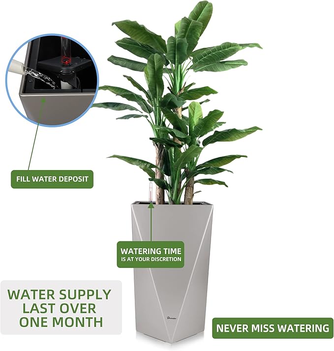 Dexceder 24 Inches Tall Self Watering Planter Diamond Metallic Matte Indoor Outdoor, Thickened Rhombus Large Floor Standing Flower Plant Pot with Water Level Indicator (Gray)-Ruum Studio Home