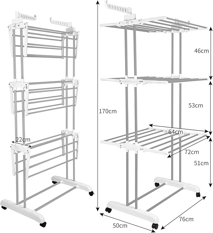 Bigzzia Clothes Drying Rack, Folding Stainless Steel Drying Rack Clothing Indoor Outdoor, Space-Saving, 4 Tier Laundry Drying Rack with Two Side Wings -Grey White-Ruum Studio Home