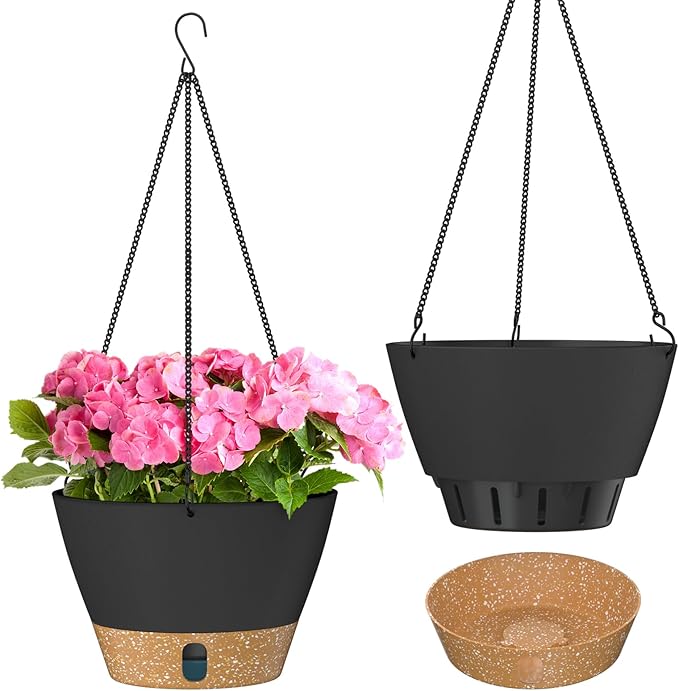 ZMTECH 8 Inch Hanging Planters for Indoor Plants, Hanging Baskets for Plants Outdoor with Visible Water Level, Hanging Flower Pots with Drainage Holes & Removable Tray(2 Pack, Gray)-Ruum Studio Home