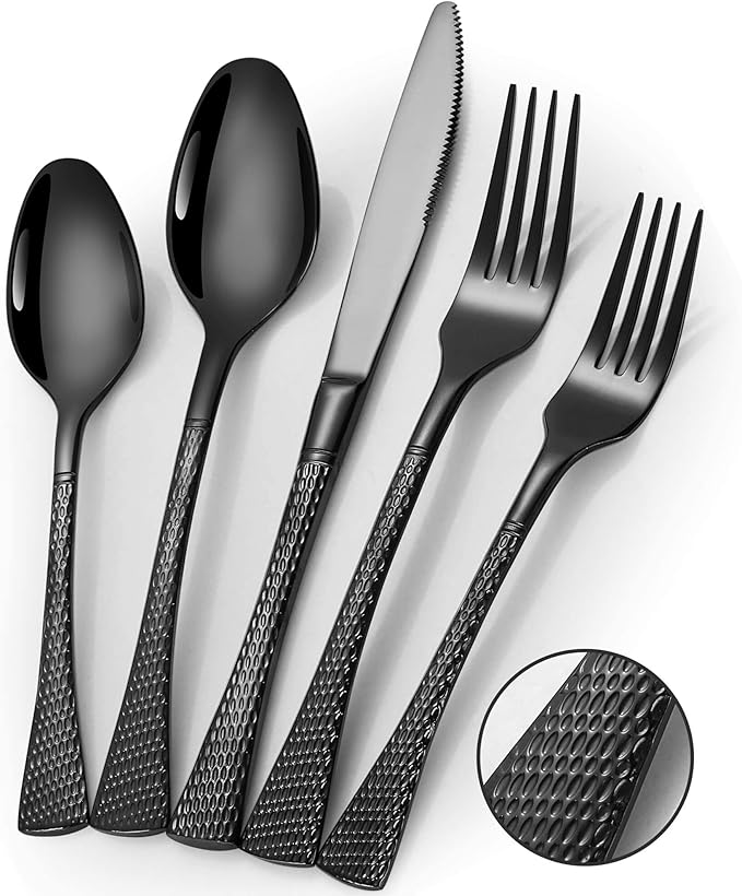 Hammered Black Silverware Set for 8,Stainless Steel 40-Piece Modern Cutlery Set,Mirror Polished Heavy Duty Flatware Set Utensil Set,Knives Spoons and Forks Set,Dishwasher Safe-Ruum Studio Home