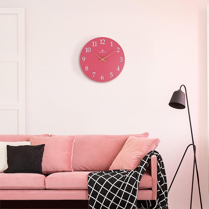 Lafocuse 12 Inch Silent Pink Wall Clock Battery Operated for Living Room Decor, Simple Minimalist Wooden Kids Pink Clock for Girls Bedroom Office-Ruum Studio Home
