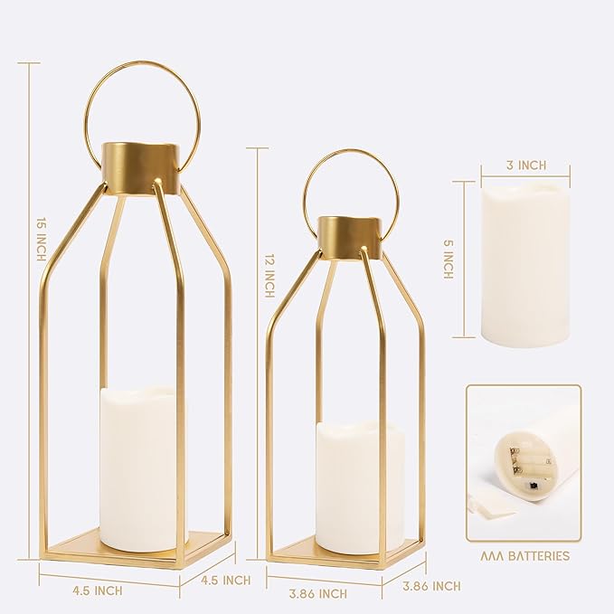HPC Decor Modern Farmhouse Lantern Decor- Gold Metal Candle Lanterns for Christmas- Lanterns Decorative w/Timer Flickering Candles for Living Room, Home, Indoor, Outdoor, Table,Fireplace Mantle Decor-Ruum Studio Home