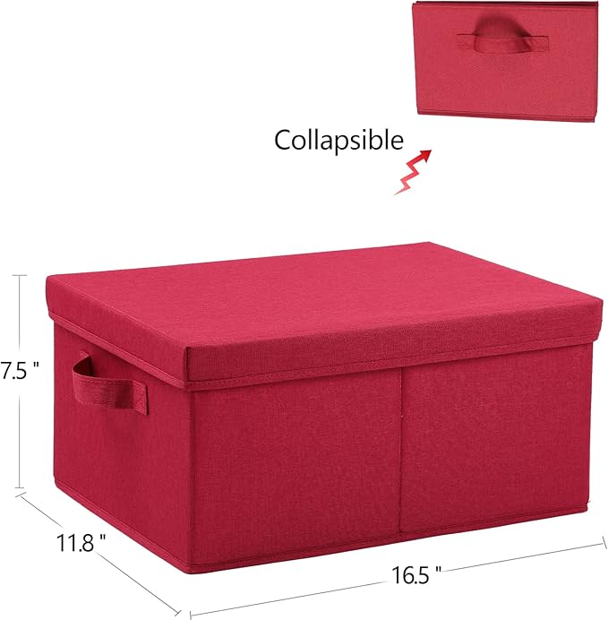 HOONEX Storage Bins with Lids for Organizing, Pack of 2, Storage Boxes with 2 Carrying Handles and Sturdy Heavy Cardboard, 16.5" L x 11.8" W x 7.5" H for Shoes, Books, Clothes, Red-Ruum Studio Home